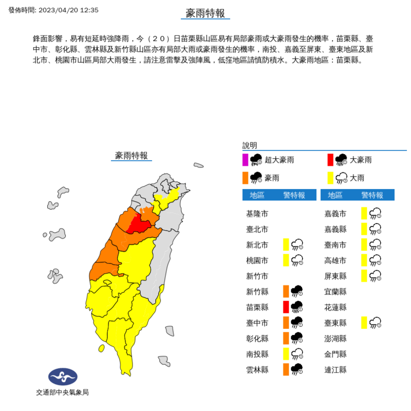 鋒面報到降雨熱區逐漸南移，氣象局針對14縣市發布豪大雨特報。   圖：取自中央氣象局網站