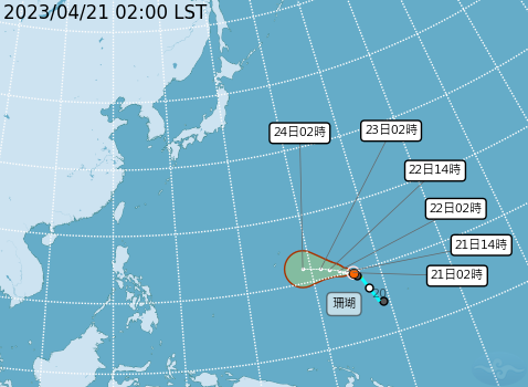 今天凌晨2時，太平洋地區關島東南東方1280公里海面上，輕度颱風「珊瑚」（SANVU）正以每小時11公里速度，向西北西進行。   圖：中央氣象局／提供