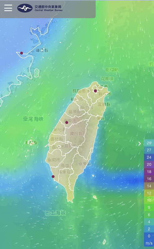 鄭明典於臉書分享風場預測圖表示，「北風下來了！台北濕濕涼涼的，還算舒適的溫度！」。   圖：翻攝自中央氣象局鄭明典臉書