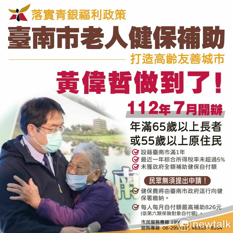 台南市長黃偉哲今日在市政會議宣布，經過審慎評估，衡量各項市政建設、政府財政預算，以及廣納各界意見之後，將於今年7月起，在排富條件下，補助65歲以上長者或55歲以上原住民健保費用，全市符合資格的對象都可受惠。   圖：台南市政府提供