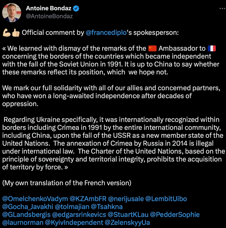 法國外交部呼籲中國出面說明，盧沙野言論是否代表中國政府的立場。   圖：擷取自推特@AntoineBondaz