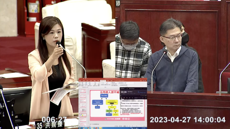 民進黨台北市議員洪婉臻（左）質詢市場處長陳庭輝（右）。   圖：翻攝議會直播畫面