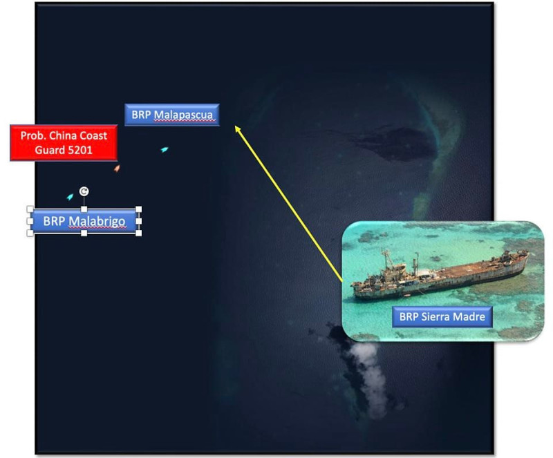 本月23日上午，菲律賓海岸警衛隊的「馬拉帕茲瓜號」（BRP Malapascua）遭到中國大型海警船沿路尾隨，逼迫他們離開南海，甚至在仁愛暗沙附近爆發對峙，險些相撞。   圖：翻攝自NextGen PHDefense﻿臉書／Ray Powell