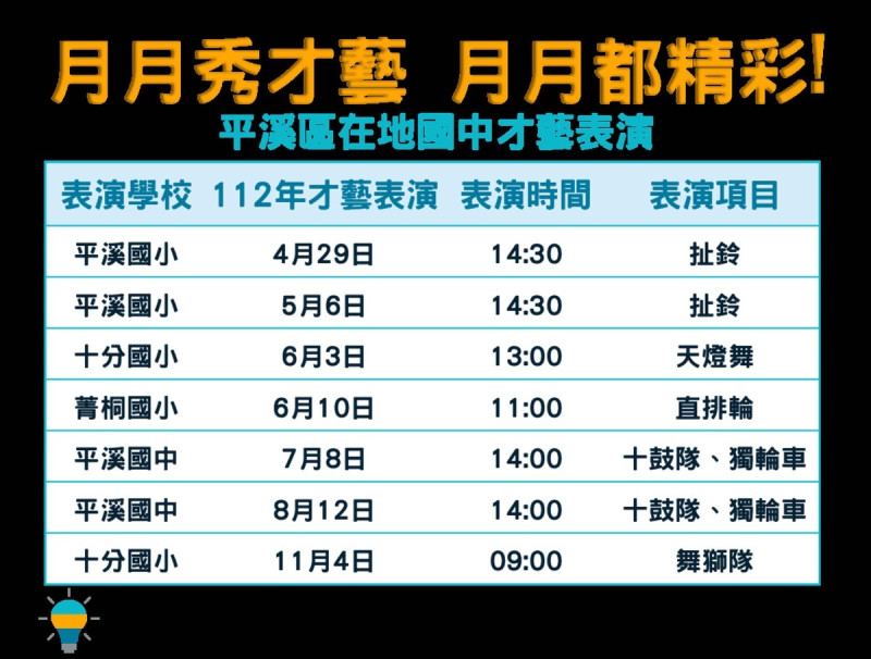 十分月月秀才藝表演時間表。   圖：新北市觀旅局提供