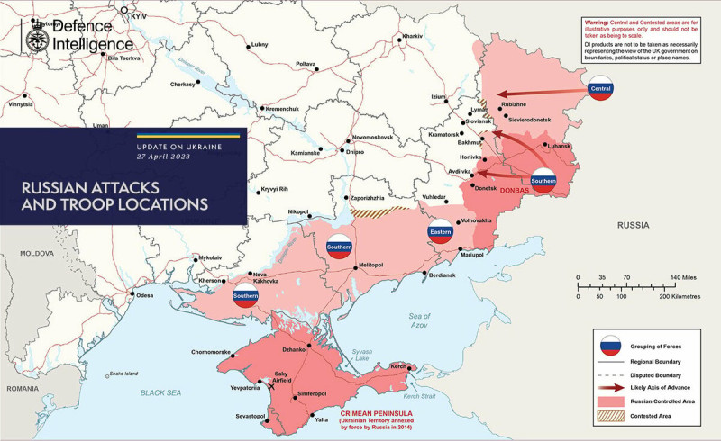 英國國防部4月27日繪製最新烏克蘭情勢圖。   圖：翻攝UK MoD