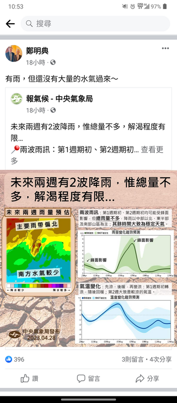 鄭明典也表示，這兩波鋒面有雨，但沒有大量水氣。   圖：取自鄭明典臉書