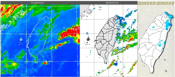 左圖：30日晨4：20紅外線色調強化雲圖顯示，台灣東側雲層厚實，西側鬆散。中圖：4：30雷達回波合成圖顯示，東側降水回波強。右圖：4：30累積雨量圖顯示，北部、東半部有局部降雨   圖/「三立準氣象.老大洩天機」專欄