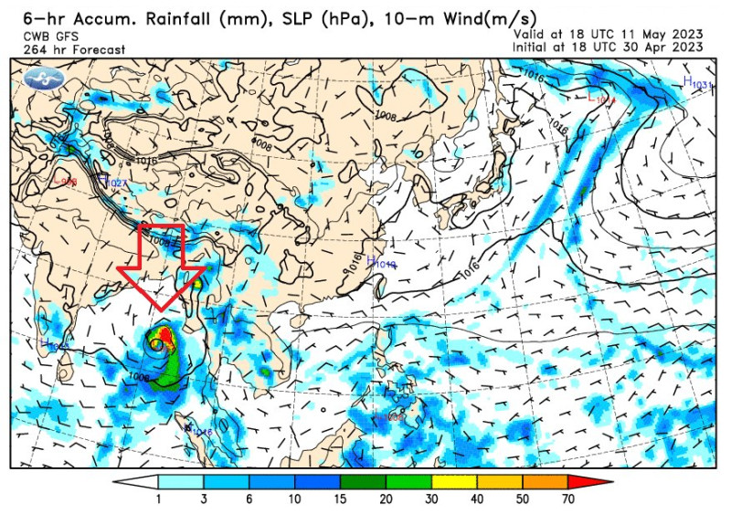 今天的預報圖中，已經可以看到孟加拉灣氣旋。   圖：取自鄭明典臉書