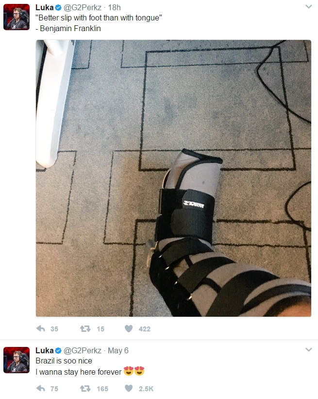 G2中路選手Perkz在MSI賽前因摔傷而扭到腿部韌帶。   圖：翻攝自 Perkz個人推特
