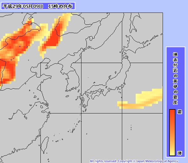 日本氣象廳預測沙塵暴動向。黃色區塊為沙塵暴。   圖：翻攝日本氣象廳網站。