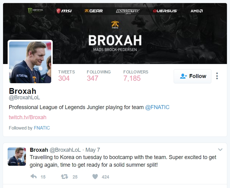 FNC的打野選手「Broxah」Mads Brock-Pedersen在推特上表示即將前往韓國進行特訓。   圖：翻攝自 翻攝自Fnatic官方推特