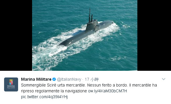 義大利海軍在推特上宣告潛艇撞上商船事故，也讓斯西勒號露出行蹤。   圖：翻攝義大利海軍推特