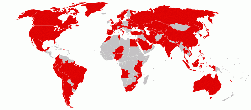 紅色部分為WannaCry攻擊的國家，其足跡幾乎遍及全世界。   圖：翻攝自Wiki