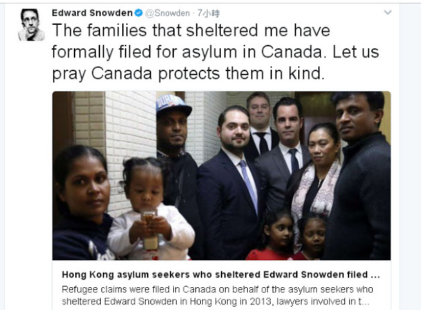 美國中央情報局前僱員史諾登今年3月，在推特上為斯里蘭卡難民家庭祈禱，希望他們能順利入籍加拿大。   圖：翻攝史諾登推特