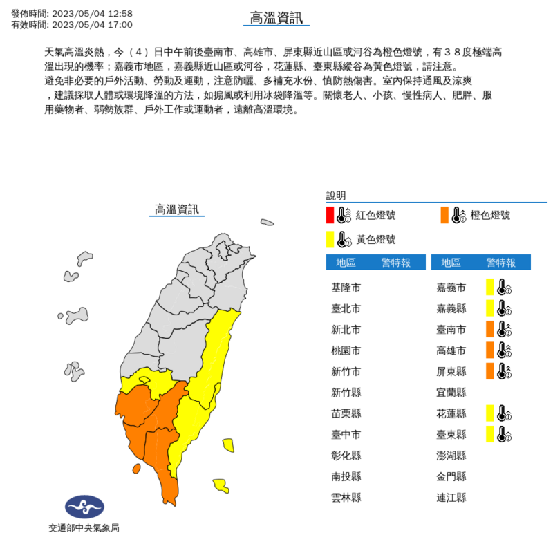 氣象局對南部7縣市發布高溫特報。   圖：取自氣象局網站