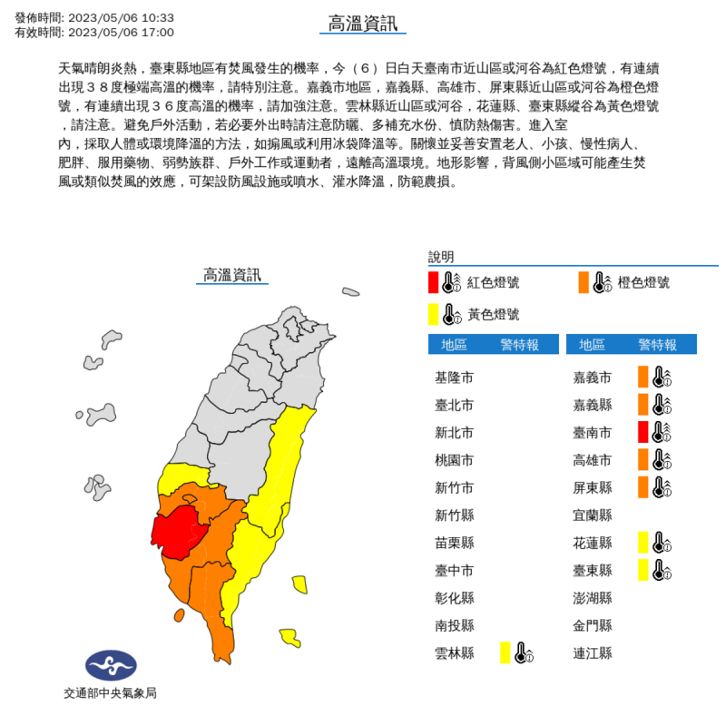 今日氣象局也對8縣市發布高溫特報。   圖：取自中央氣象局網站