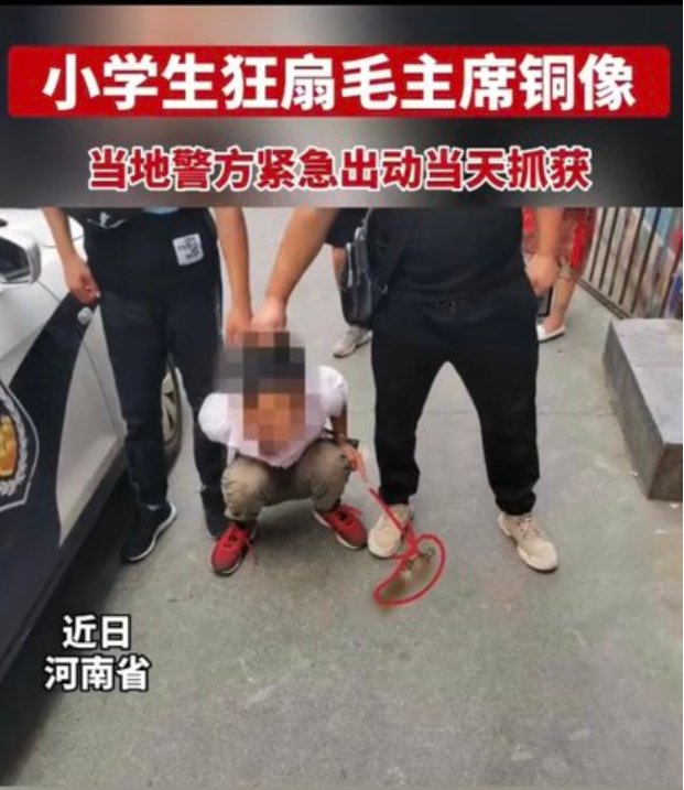 一名中國河南小學生因連續搧毛澤東銅像耳光火速被逮。   圖：擷自維權網