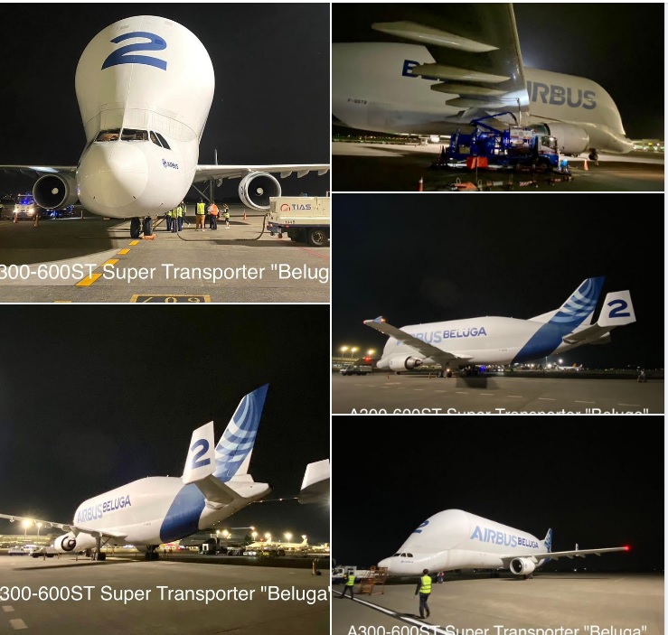 由法國空中巴士集團製造的超大貨機「大白鯨」SATIC A300-600ST現身，9日深夜抵達桃園國際機場，吸引不少航空迷搶拍。   圖：翻攝自桃園國際機場臉書