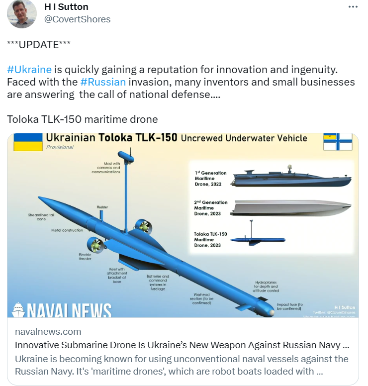 烏克蘭推出 TLK-150，能大大幫助烏軍與俄軍的海上戰鬥。   圖：翻攝自H I Sutton推特