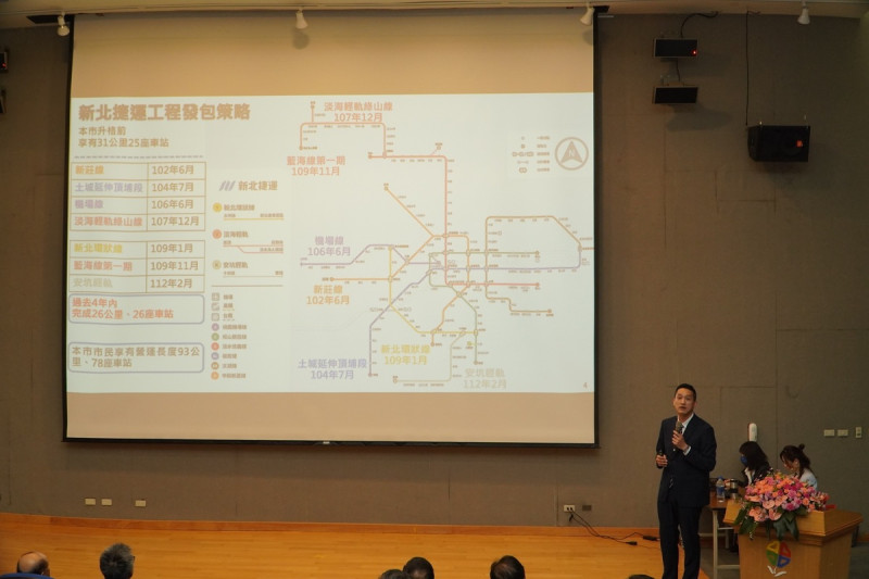 捷運局工程管理科長涂貫迪簡報說明統包契約變更經驗分享。   圖：新北市捷運局提供