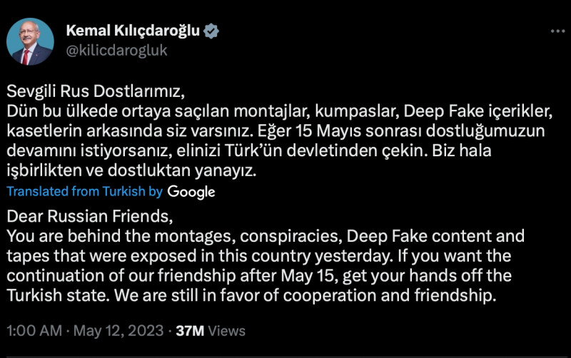 基里達歐魯11日於推特上以俄文指控，稱俄國近期於土耳其散佈虛假情節、照片、錄音帶甚至深偽內容，他呼籲俄若想維持與己方的友誼，應放棄對政府的干預，並強調土耳其仍然支持合作及友誼。   圖：擷取自推特@kilicdarogluk
