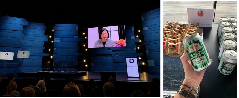 總統蔡英文以視訊方式在哥本哈根民主高峰會發表演說，贏得滿堂彩（左圖）；會場外提供來自台灣的鳳梨酥與啤酒，相當吸引人。   圖：翻攝自馮儒莎推特／新頭殼合成