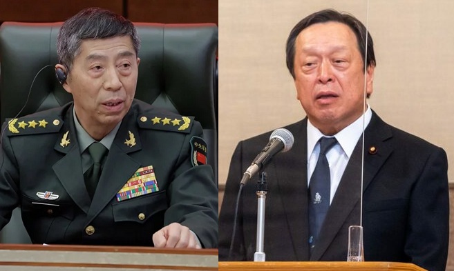 中國國防部長李尚福與日本防衛大臣濱田靖一，使用中日防務部門海空聯絡機制進行通話，就兩國防務關係交換意見。   圖：新頭殼合成