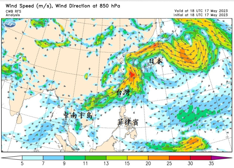 最近台灣附近已有西南風，但屬於區域性增強的特徵。   圖：取自鄭明典臉書