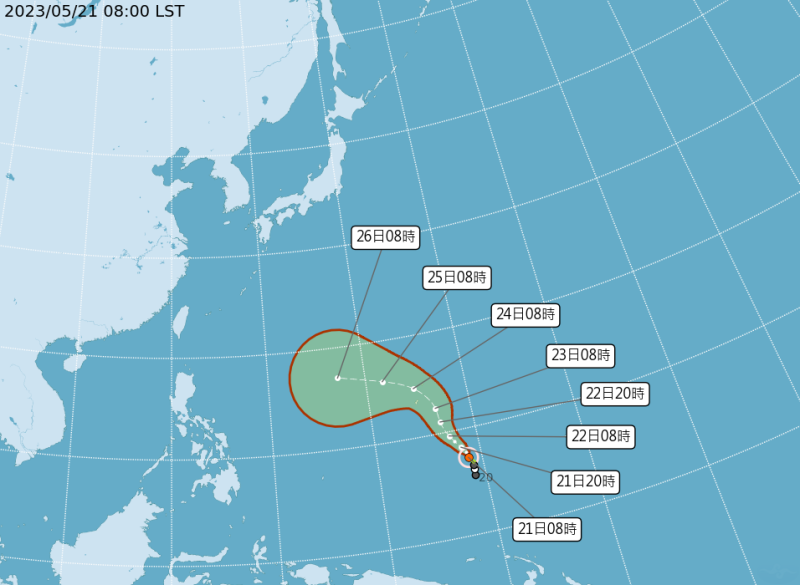 今年第二號颱風瑪娃昨(20)日下午生成輕度颱風，並預計在明日增強為中度颱風。   圖：翻攝自中央氣象局官網