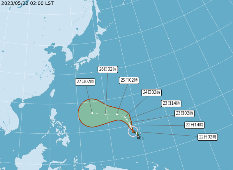 今天凌晨2時，「瑪娃」已經增強為中度颱風，持續向北北西轉北進行。   圖：中央氣象局／提供