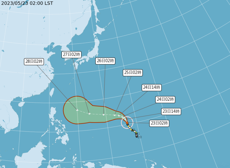中度颱風「瑪娃」目前在鵝鑾鼻東南東方3050公里海面上，以每小時13公里的速度，向北北西轉西北進行。   圖：中央氣象局／提供