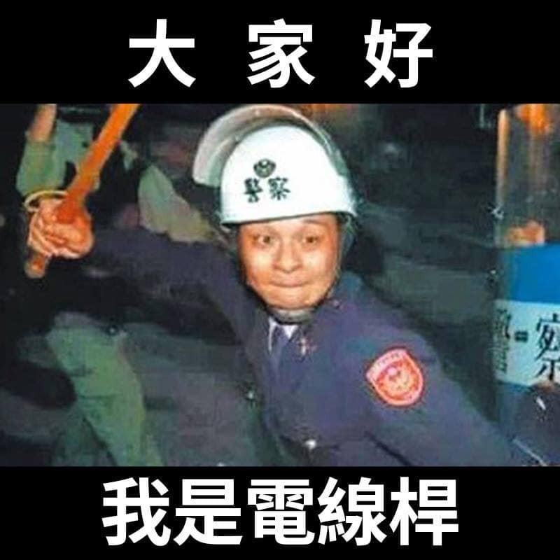 2014年血腥鎮壓太陽花學運，拿著警棍暴打學生的警察，被當時的行政院長江宜樺否認暴行，指稱是民眾自撞電線桿才流血，網友便做了「電線桿」梗圖。   圖：新頭殼資料照／翻攝自網路