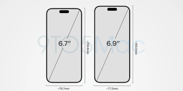 《9to5mac》也握有一份iPhone 16 Pro Max 的 CAD 工業設計圖，設計圖顯示將iPhone 16 Pro Max採用 6.9 英寸的超大螢幕，雖然螢幕尺寸增加，但手機的寬度只增加了不到 1mm。   圖：翻攝自《9to5mac》 網站