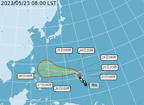 第二號颱風「瑪娃」今日8時的中心位置在北緯 11.2 度，東經 146.9 度，以每小時13公里速度，向北北西進行。   圖：取自中央氣象局網站