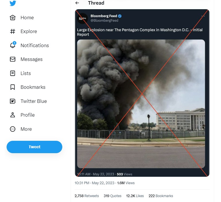一張五角大廈爆炸的假照片22日迅速在網上瘋傳。   圖：翻攝推特
