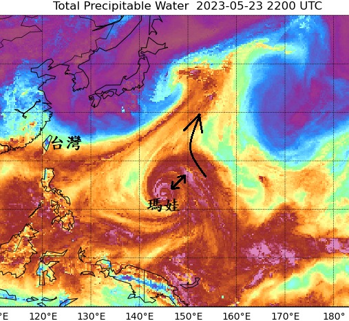 瑪娃颱風東北側的外圍環流受到北方槽線的牽引，東側的高壓會將颱風往西推，可能導致颱風提早北轉。   圖：取自鄭明典臉書