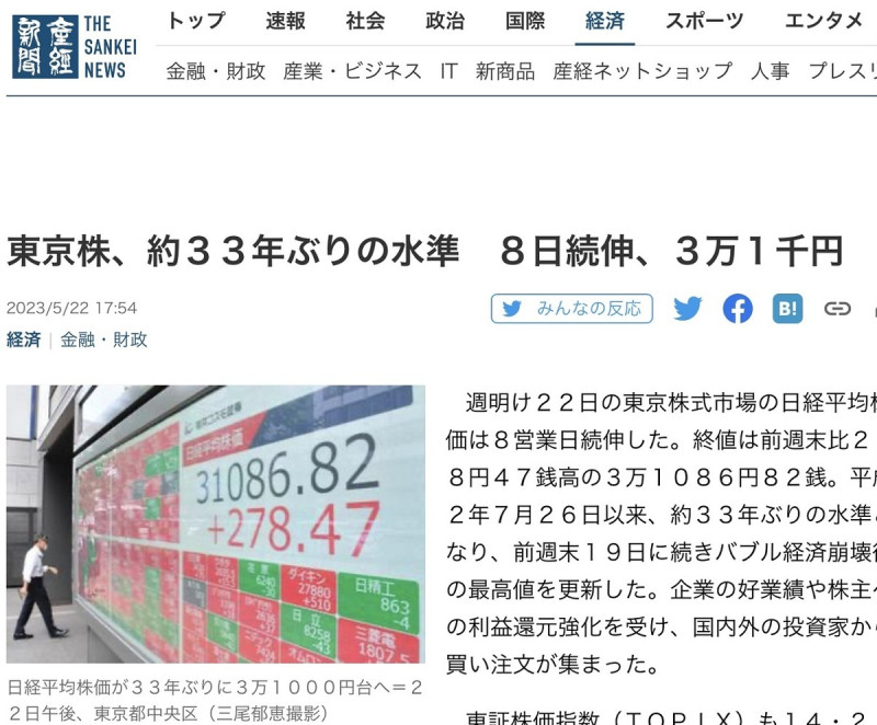 日本股市連漲8天，甚至到23日上午漲到1萬3千多點，下午才遭獲利拋售。 圖：攝自產經新聞