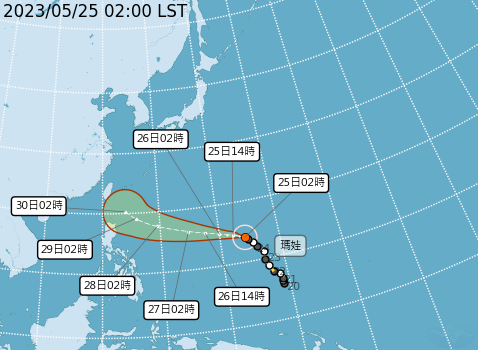 中度颱風「瑪娃」今天凌晨2時的中心位置，在鵝鑾鼻東南東方2650公里海面上，路徑預測朝台灣撲來。   圖：中央氣象局／提供