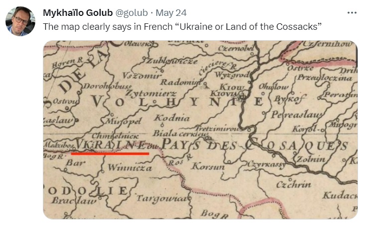 有網友找出該古地圖檔加以放大，清楚可以看到標示烏克蘭土地區域（紅線處），中間偏右上也有「Kiow」基輔的古地名。   圖：翻攝自Mykhaïlo Golub推特