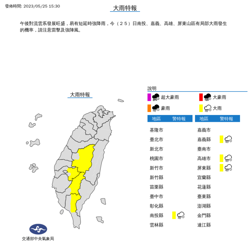 氣象局對中南部4縣市發布大雨特報。   圖：翻攝自中央氣象局網站
