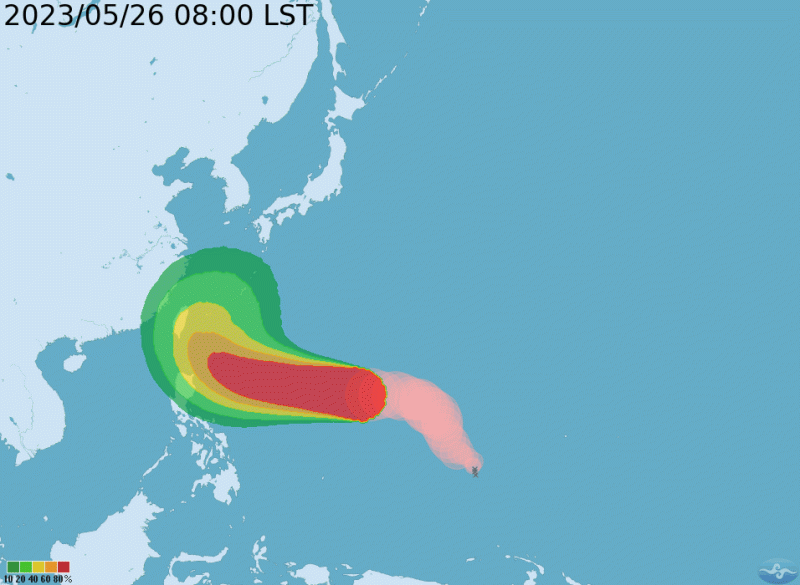 氣象局表示，估計最快下週一就會發布海上颱風警報。另氣象局也公布暴風圈侵襲機率，其中蘭嶼機率超過50，提醒民眾沿海活動需特別留意。   圖：翻攝自中央氣象局官網