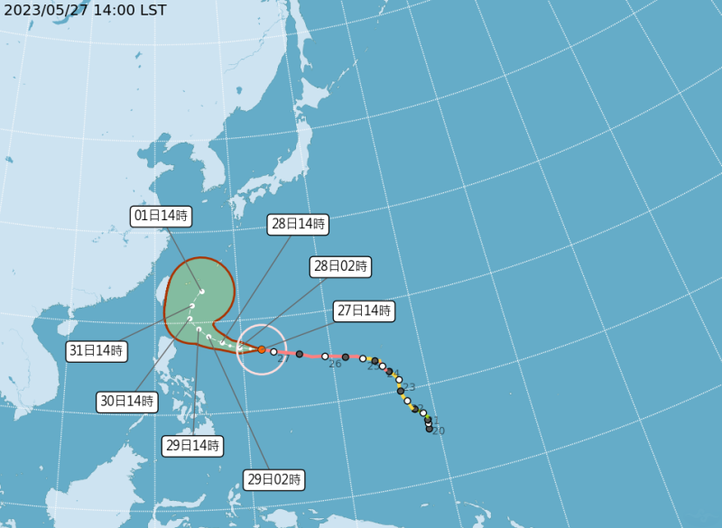 瑪娃颱風逐漸靠近台灣，中央氣象局估最快會在週一清晨發布海上颱風警報。因此，林務局呼籲瑪娃颱風影響期間，應儘量避免前往山區活動。   圖：翻攝自中央氣象局官網