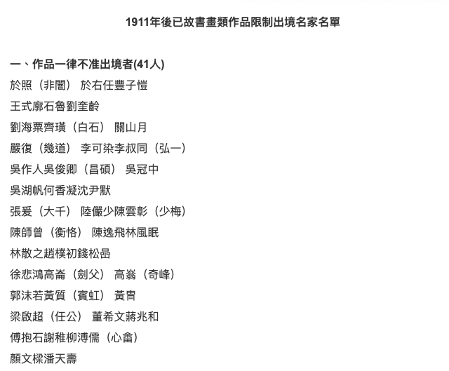 中國國家文物局26日公布新版書畫等8類作品限制出境名單。   圖：翻攝自中國國家文物局