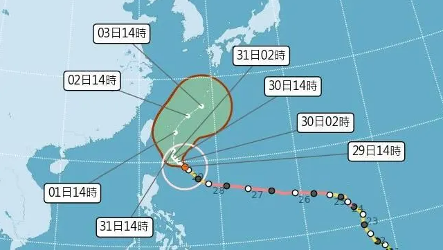 今年第２號颱風瑪娃正朝著台灣東南方的海域前進，今晚20:30將發布海上颱風警報。預計從週二到週四最靠近台灣，北部和東部的天氣會受到影響。   圖：氣象局／提供