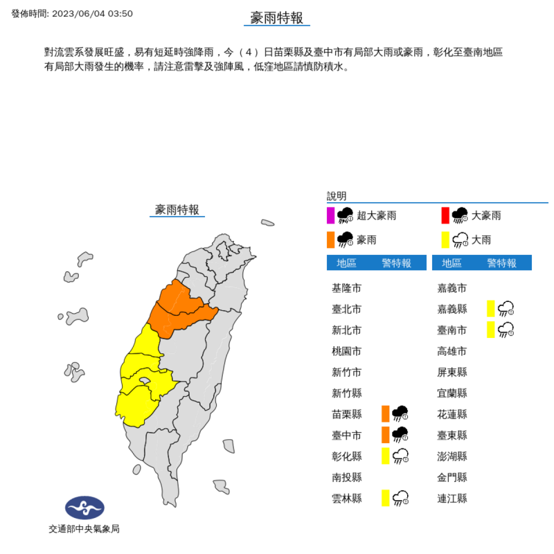 今(4)日苗栗縣及台中市有局部大雨或豪雨，彰化至台南地區有局部大雨發生的機率。   圖片來源:氣象局