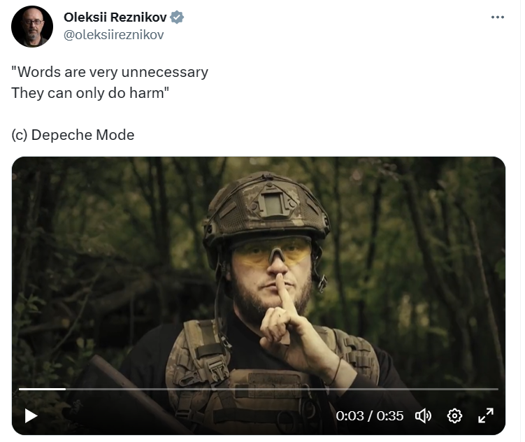 烏克蘭防長列茲尼科夫 4 日在推特發布一部名為「不需多說，說多了只會帶來風險」的影片。   圖：翻攝自列茲尼科夫推特