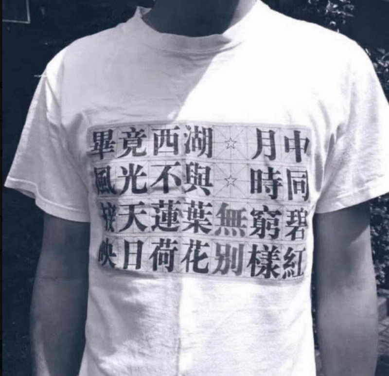 一位網友在中國的社交媒體上傳一幅文化衫照片，這衣服印著宋代詩人楊萬里的《曉出淨慈寺送林子方》。第一句與第二句各空了一個字，兩個空字分別是六與四。   圖：翻攝自高伐林推特