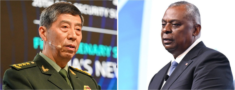 中國國防部長李尚福(左)，美國國防部長奧斯汀(右)。 圖：翻攝陸網/觀察者