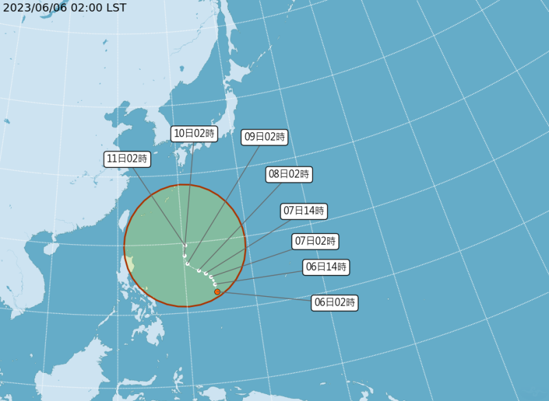 今天凌晨2時，太平洋地區有1個熱帶性低氣壓TD04出現，它的中心位置在菲律賓東方海面，以時速15公里，向北北西行進。   圖：中央氣象局／提供