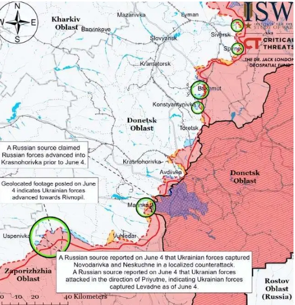 據ISW透露，烏軍已在多個地點(圖上綠圈處)對俄軍展開反攻。   圖 : 翻攝自ISW